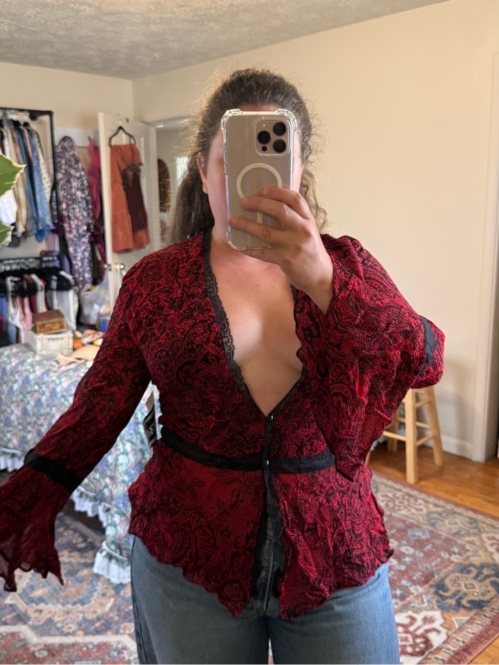 Vintage Temptation black & red bell sleeve top